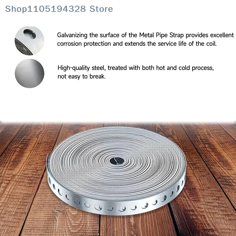 [YA] 1 لفة من شريط فولاذي مجلفن 15 متر شريط معدني متعدد الفتحات مثبت مسبقًا لدعم الأنابيب ولوحة تسجيل طوق العمل المعدني