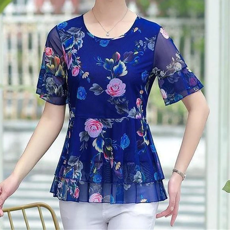 Women Clothes Double Layer Ruffle Floral Print Elegant Blouses Summer Fashion O Neck Short Sleeve Shirts Ladies Slim Tops Blusa