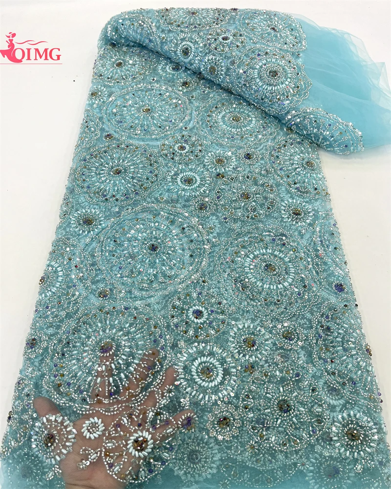 OIMG Luxury African Heavy Beaded 2024 High Quality Nigerian Sequins With Pearl Lace French Tulle Fabric For Party Dress Sew