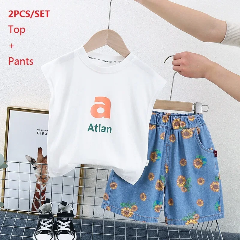 Fashion Spring Autumn Three Piece Suit Casual Baby Boys Letter Clothes Kid Longsleeve Top Hodies Jeans Vest Coat Denim Pant Suit