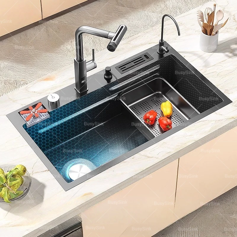 Drop In Kitchen Sink Stainless Steel Embossed Large Single Slot Multifunctional Sink Left Side Drainage