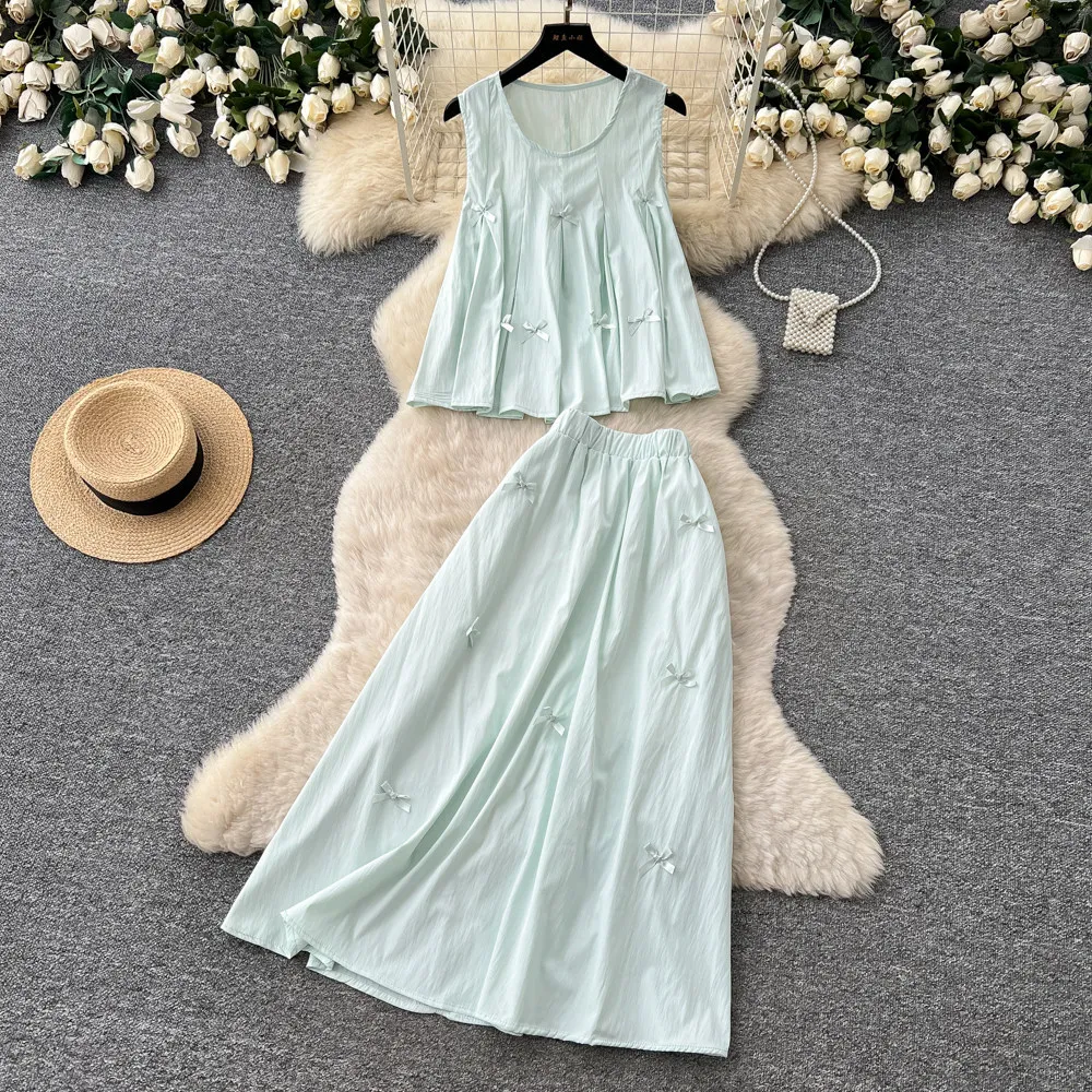 

Women Two Piece Sets Skirt Set Round Neck Sleeveless Bow Tops Long Skirts A Line High Waist Y2k Streetwear Elegant Casual 2026