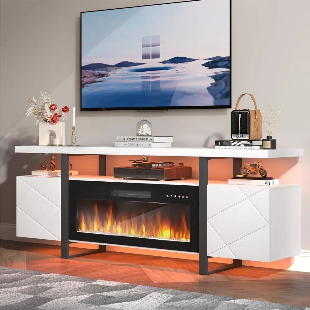 

Modern White Fireplace TV Stand with 36 Inch Electric Fireplace LED Entertainment Center Hidden Storage Media Console