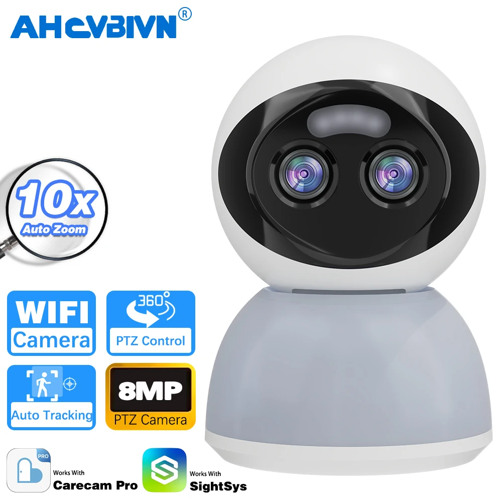 8MP Carecam APP 10X Zoom PTZ IP Camera Security WiFi Dual Lens Color Night Vision Outdoor Auto tracking Intercom Baby Monitor