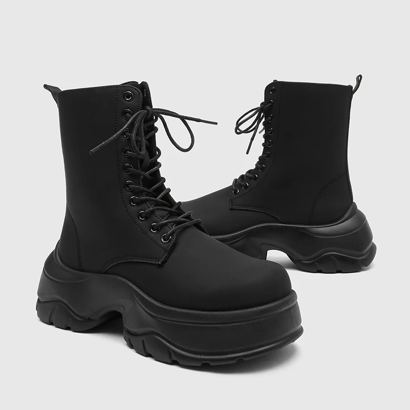 

Men's Black Thick Soled High Top Knight Boots Punk Big Round Toe Lace-Up Motorcycle Boots Autumn Winter Street Trendy Shoes