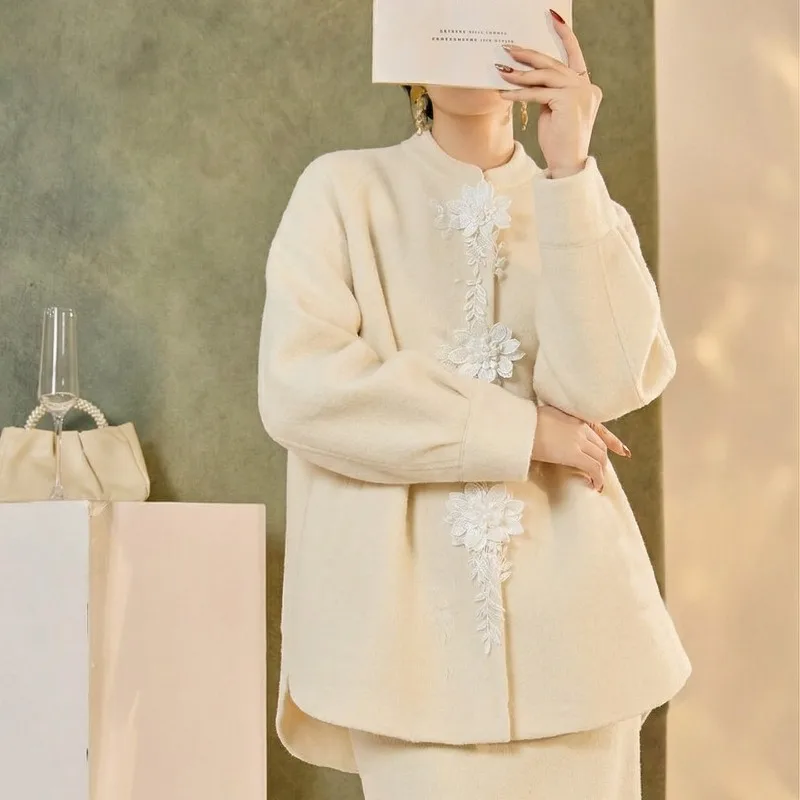 Autumn and Winter Solid Color Fashionable Wool Coat Three-dimensional Flower Woolen Coat