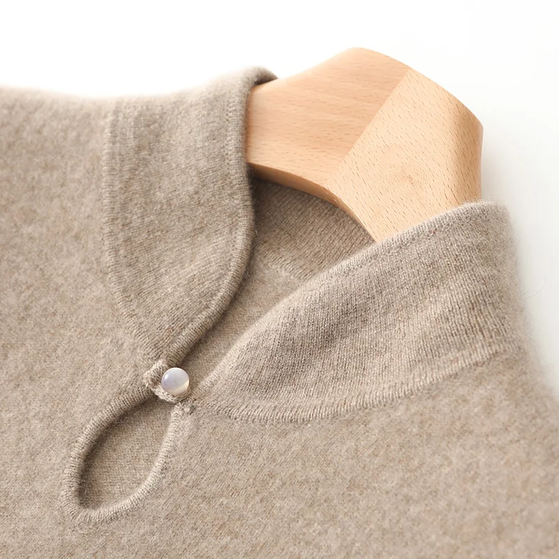 فستان نسائي محبوك من صوف ميرينو 100%، كاجوال، عصري، أزرار، نصف الياقة المدورة، طويل، شق، خريف وشتاء جديد 2024