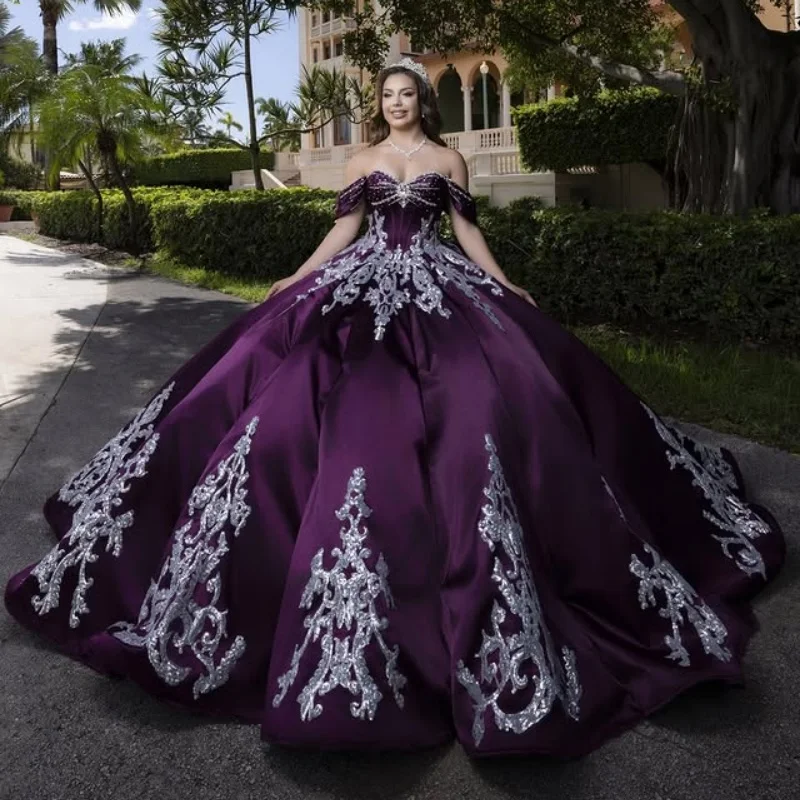 Satin Purple Quinceanera Dresses Off the Shoulder Glitter Crystal Decal Long tail Big Bow Vestido De 15 Quinceanera Customize