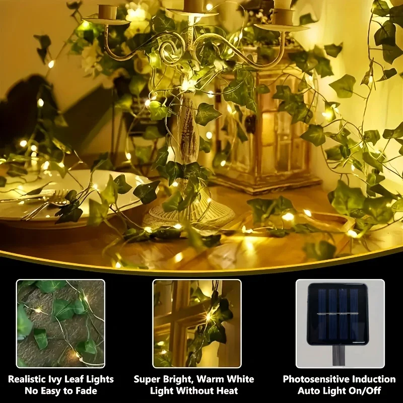 12mSolar Ivy String Lights LED Outdoor Vite artificiale Ghirlanda di Natale Fata String Lampada per piante Foglia d'acero Stringa di rattan verde