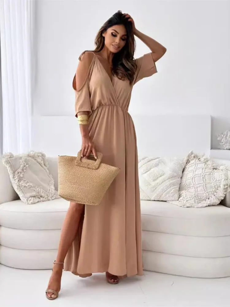 Summer New V-neck Skirt Slit Dress Off-shoulder Sleeves Sexy Suspender Dress Fashion Elegant Casual Loose Beach Party Dresses