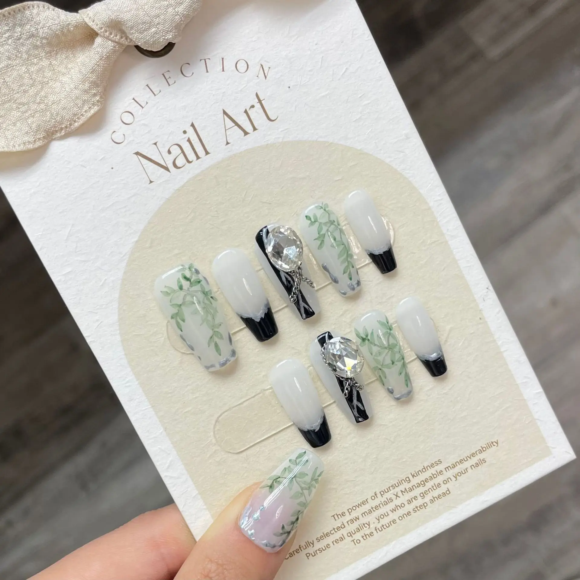 

10 PCS Luxury Handmade Press on Nails Middle Trapezoid Part Design False Nails with 4-PIECE Tool Adhesive Nail Glue Tabs