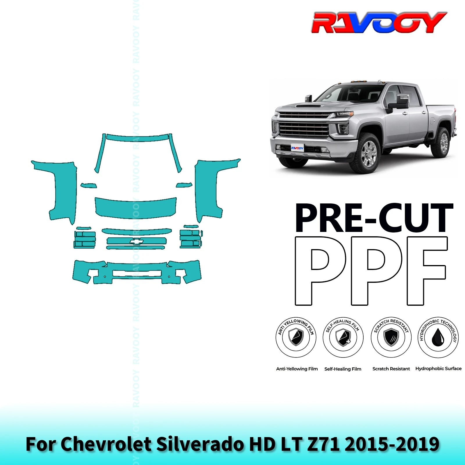 For Chevrolet Silverado HD LT Z71 2015-2019 Partial Front Pre-Cut Paint Protection Film PPF Stone Chip Kit | Clear/Matte/Black