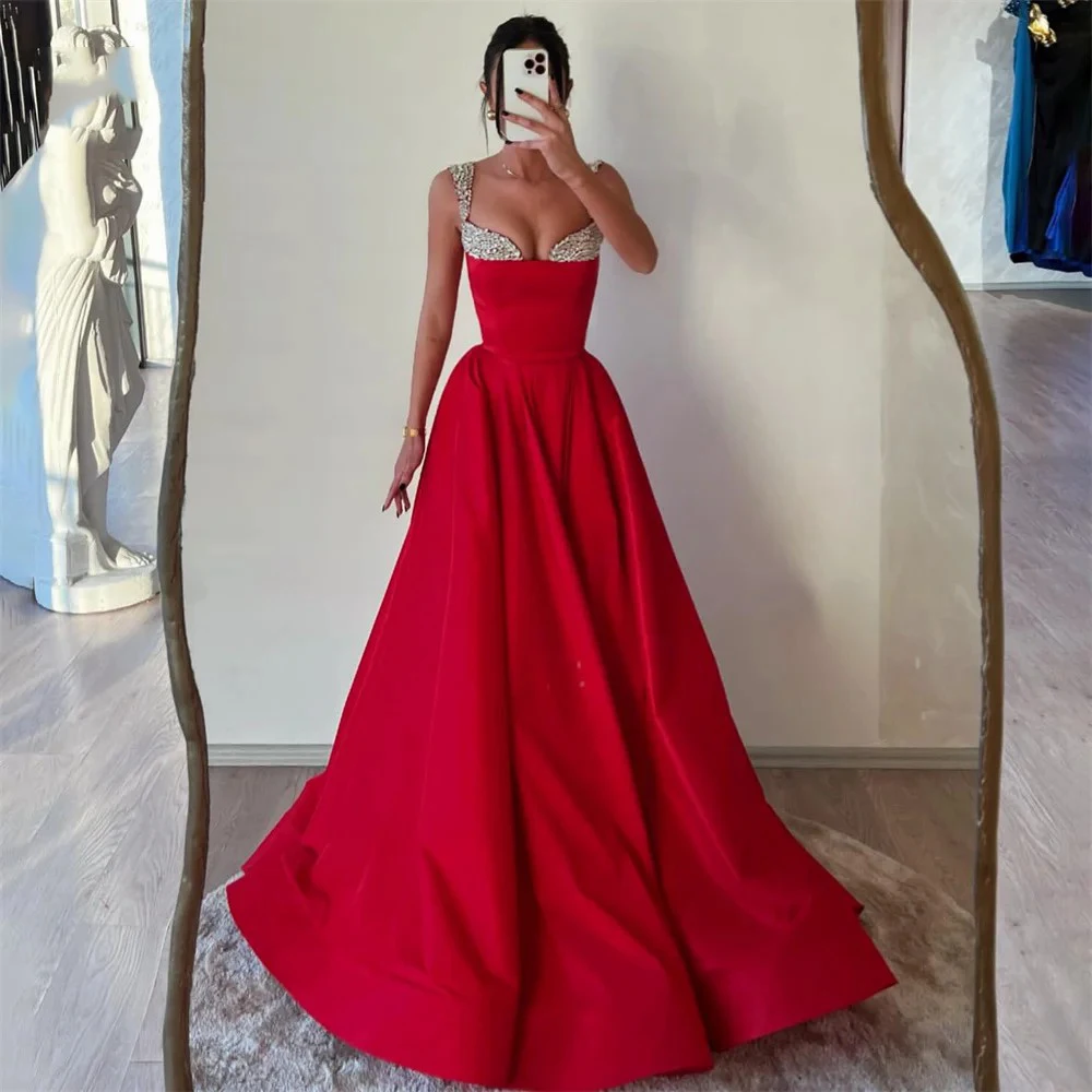 Msikoods vermelho vestidos de noite feminino cristal formal ocasião vestido uma linha cetim vestido de festa de baile 2024 vestido de formatura personalizado