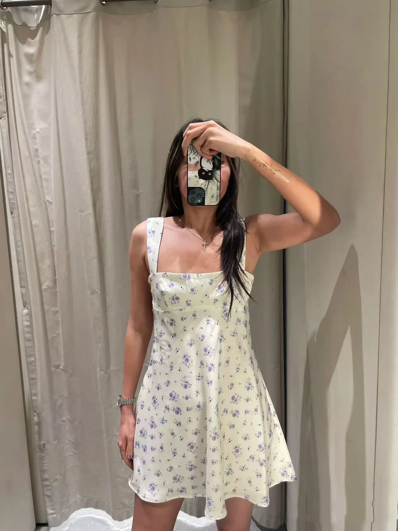 2025년 여름 스위트 프린트 실크 새틴 느낌 플로럴 스퀘어 넥 스트랩 드레스 여성 패션 하이웨이스트 A라인 스커트 드레스