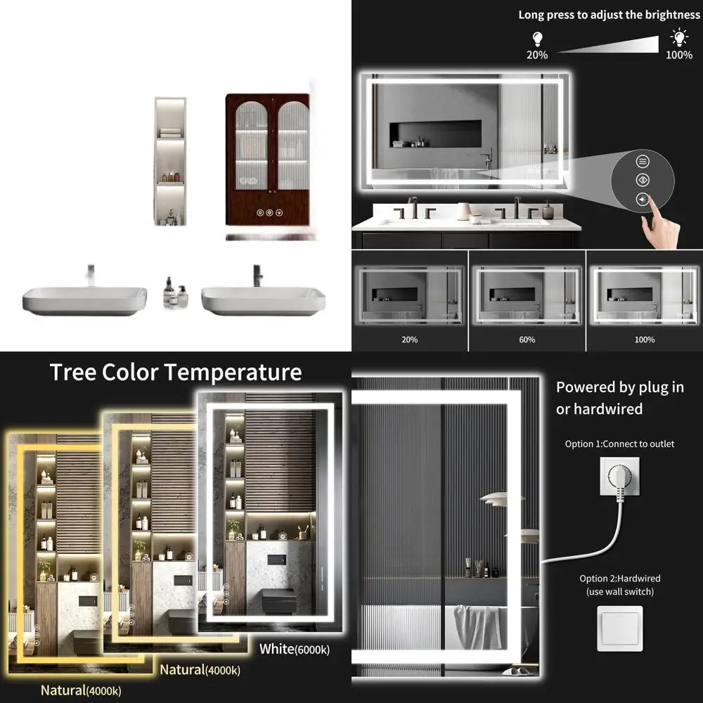 

Зеркало для ванной с LED-подсветкой 36x48 дюймов, с функцией диммирования, защитой от запотевания, подсветкой, памятью настройки и ударопрочным закаленным стеклом