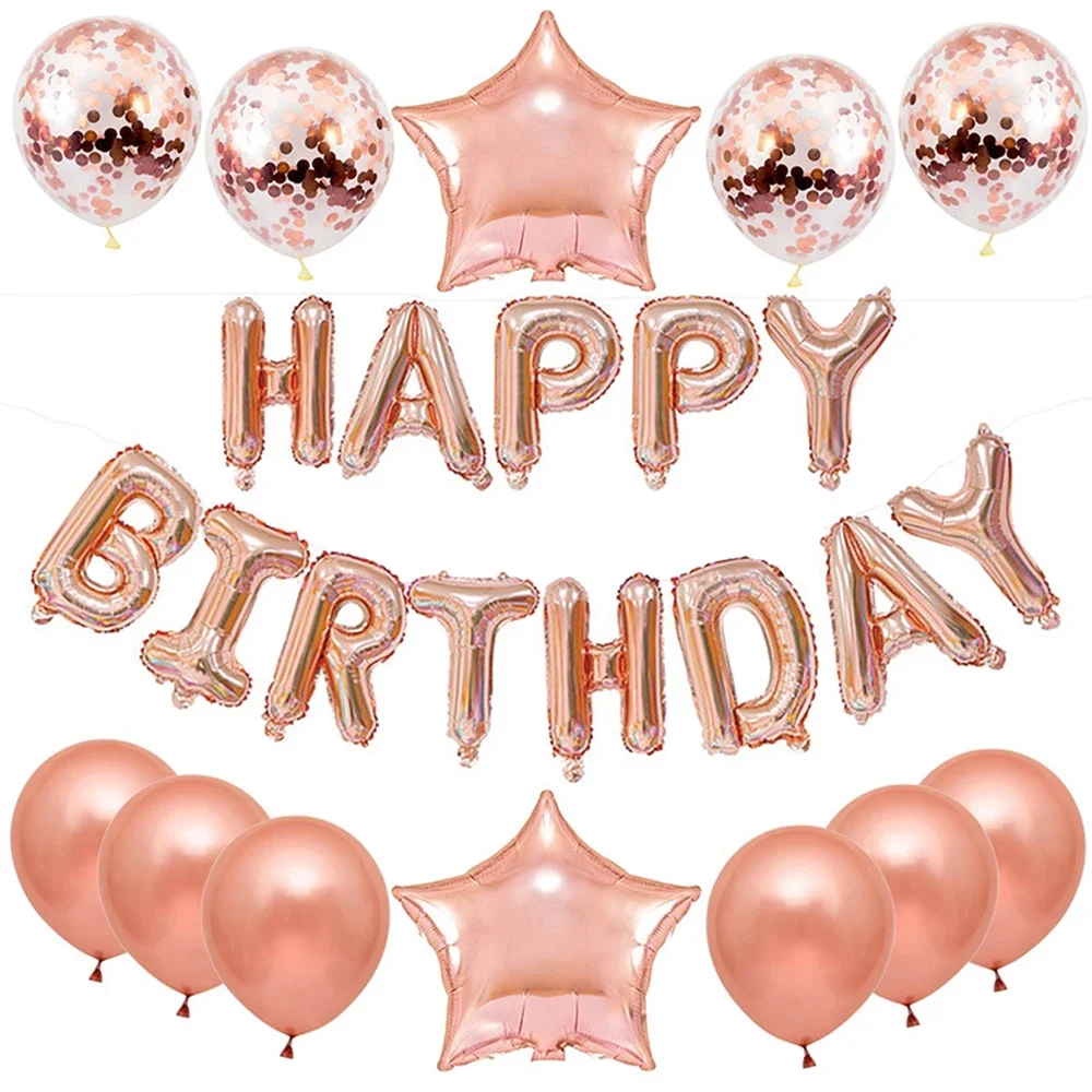 

25pcs Balloons Set with Happy Birthday Banner Silver Blue Black Rose Gold Baby Shower Birthday Latex Balls