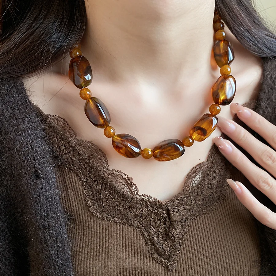 Amber Color Irregular Acrylic Beads Chokers Necklaces Set