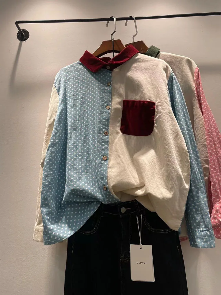 

Spring 2024 Women's Loose Fit Long Sve irt Polka Dot Patchwork Turn-down Collar Versatile Slimming Top Ladies' Faion