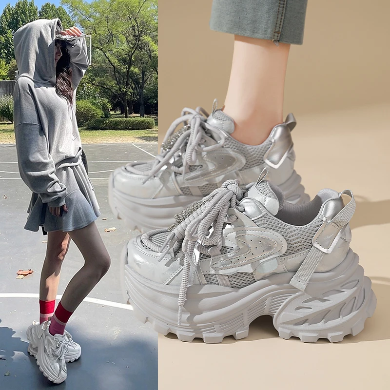 New 2026 Summer Women High Platform Shoes 9CM Comfortable Chunky Sneakers Breathable Leather Wedges Casual Sport Dad Shoes Woman
