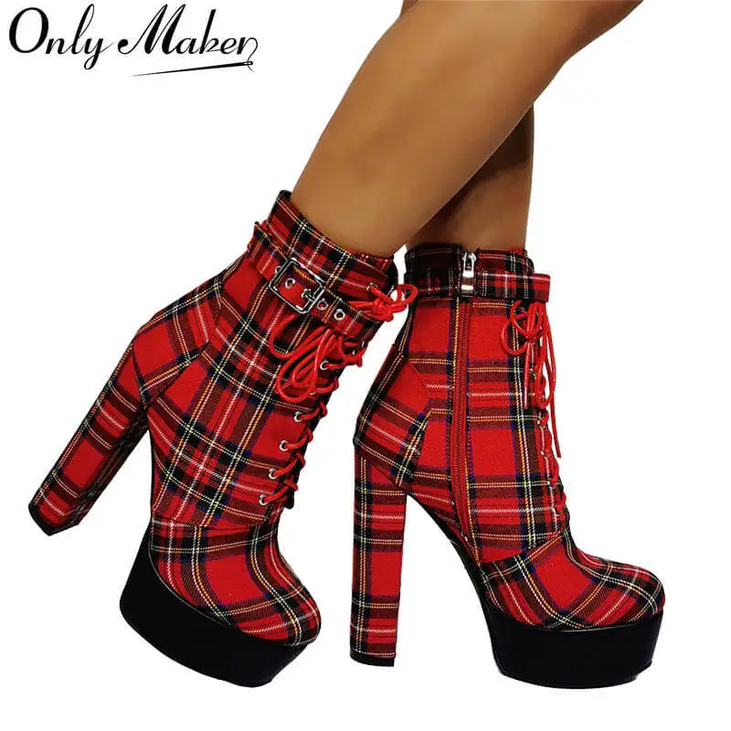 Onlymaker Women's Platform Ankle Boots Buckle Strap Chunky High Heel Round Toe Plaid Lace Up Gingham Boots Zipper Big Size