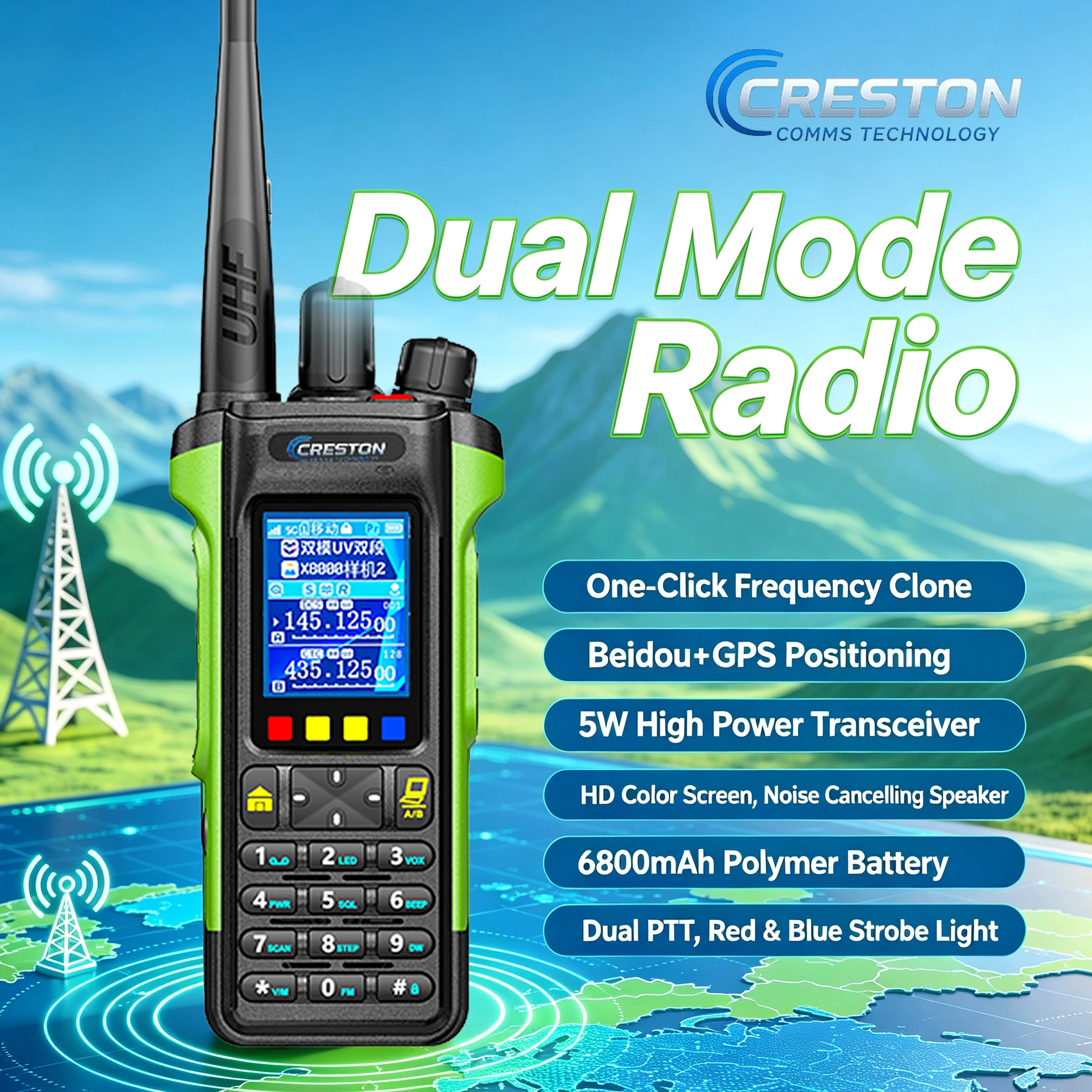 Creaston Dual-mode Intercom 0-5KM 5G Public Network Card Nationwide Mobile Phone 5W Output Power 6800mAh Battery