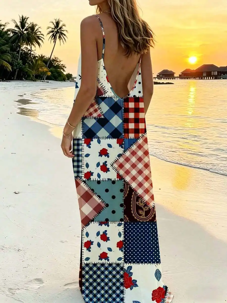 

Patchwork Print Backless Maxi Dress With Spaghetti Straps For Beach Vacation Summer Casual Outfit