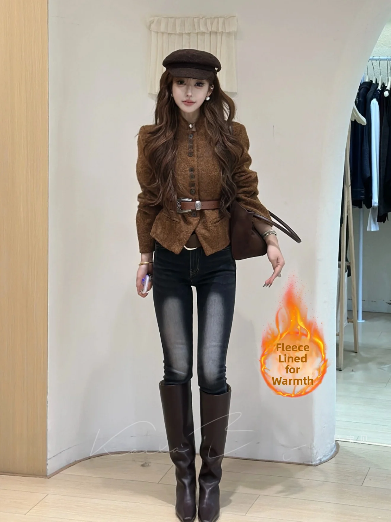 

Сексуальные женские джинсы с высокой талией на флисовой подкладке, облегающие, осенне-зимние, из высокоэластичного хлопкового стрейч-денима, моделирующие фигуру