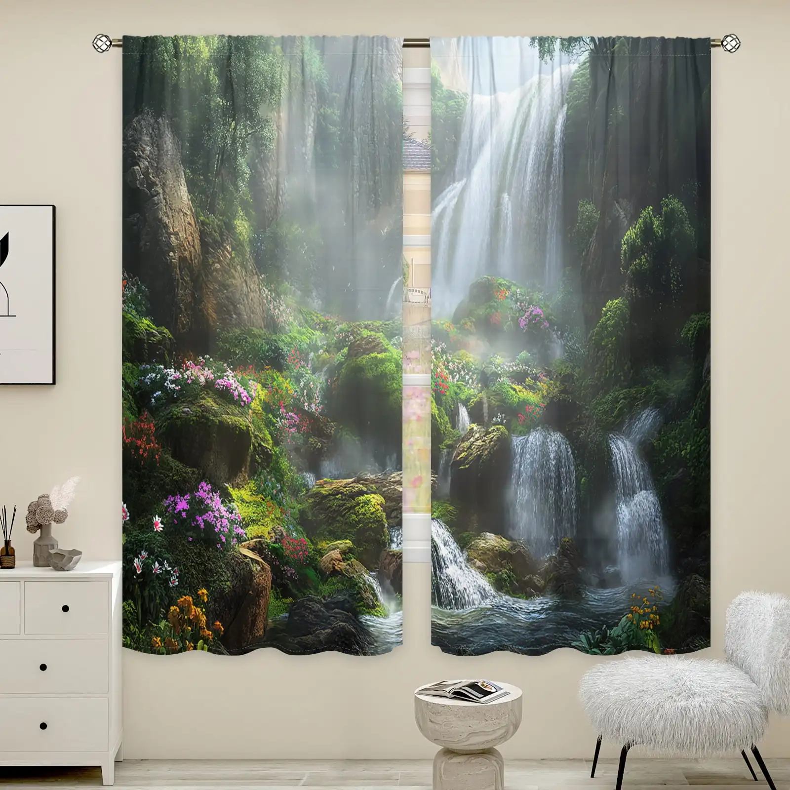 2pcs Curtains Peach Skin Polyester Green Realistic Forest Waterfall Landscape Privacy Light Filtering Bedroom Living Room
