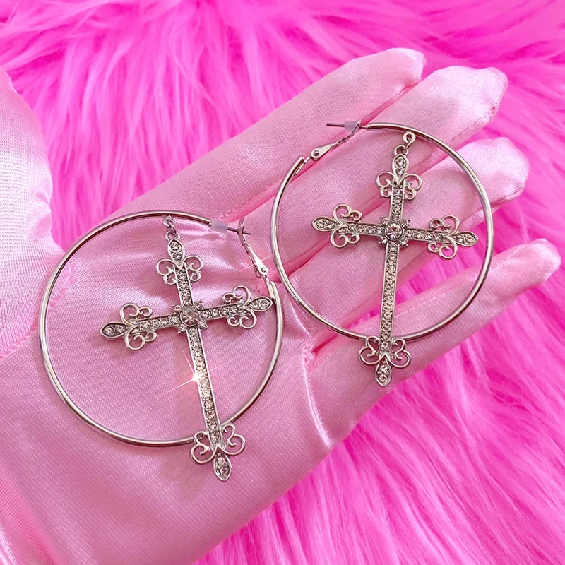 2000s Accessories Bling Crystal Cross Hoop Earrings Punk Aesthetic Luxury Korean Fashion Earring for Women Punk Jewelry Y2K Cool