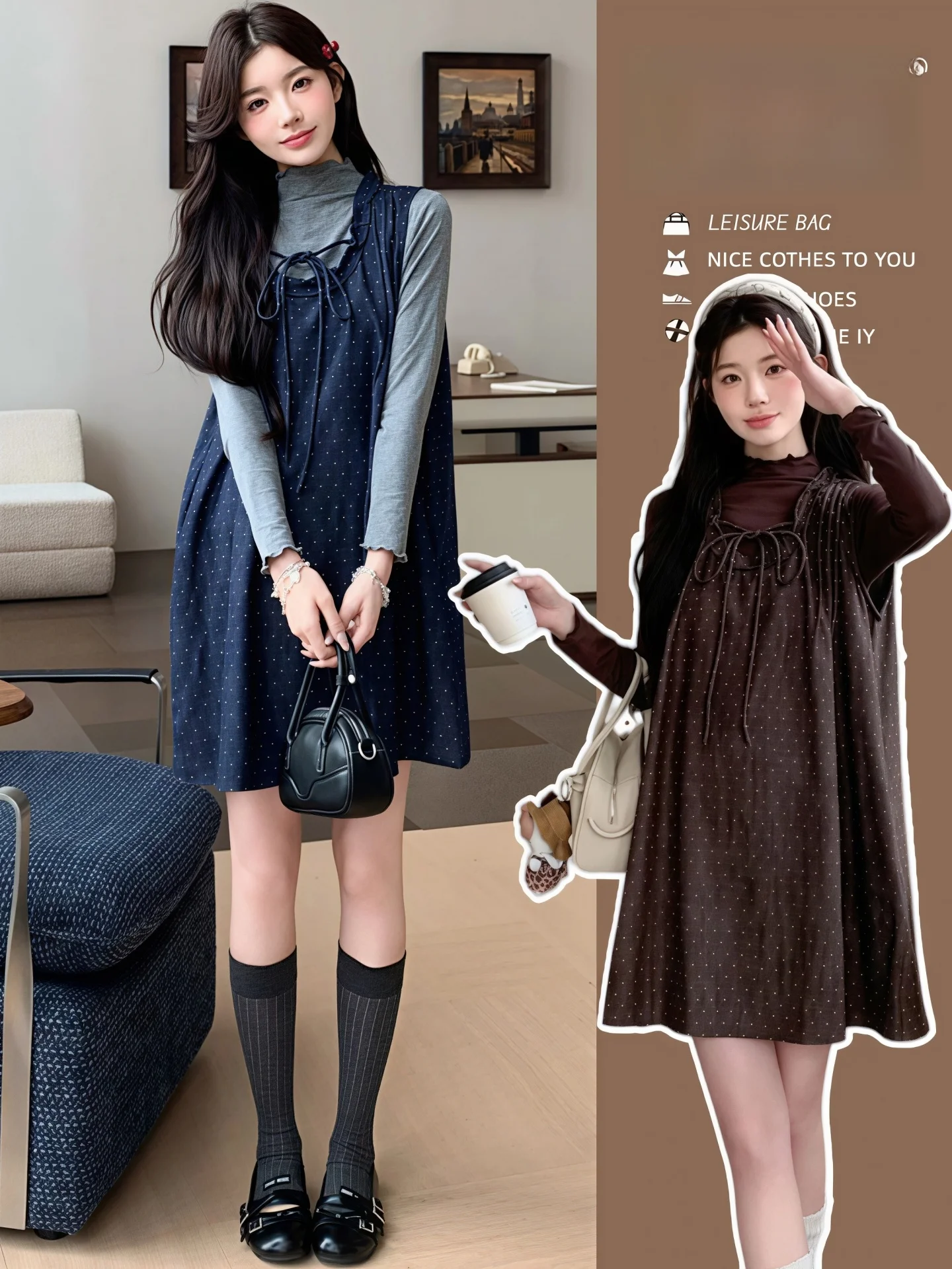 maternity-dress-korean-style-polka-dot-belted-vest-dress-two-piece-set-comfortable-soft-cotton-long-sleeve-a-line-skirt