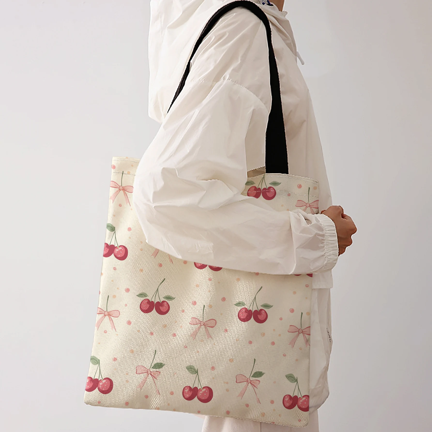 Cherry And Pink Bow Polka Dot Repeat Print Tote Bag Large Capacity Shoulder Bag For Shopping Travel Daily Use
