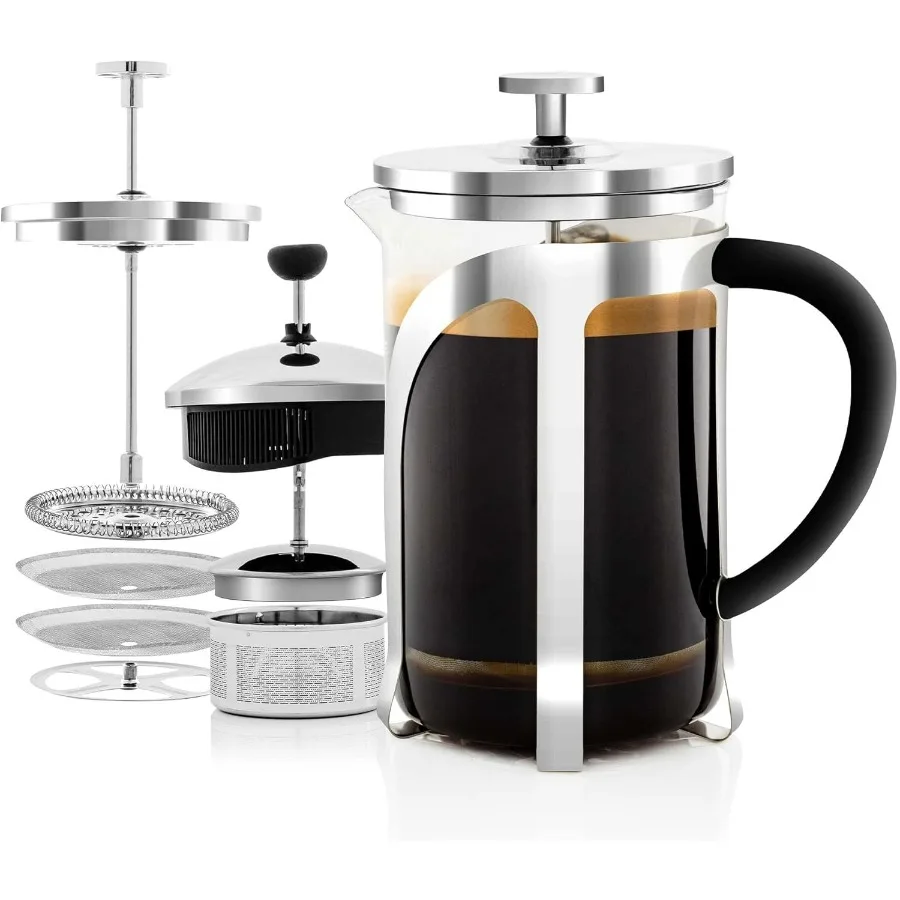 

French Press Coffee Maker 27oz Heat Resistant Borosilicate Glass BPA-Free Brewing Pot with 4-Level Filter System and Stainless