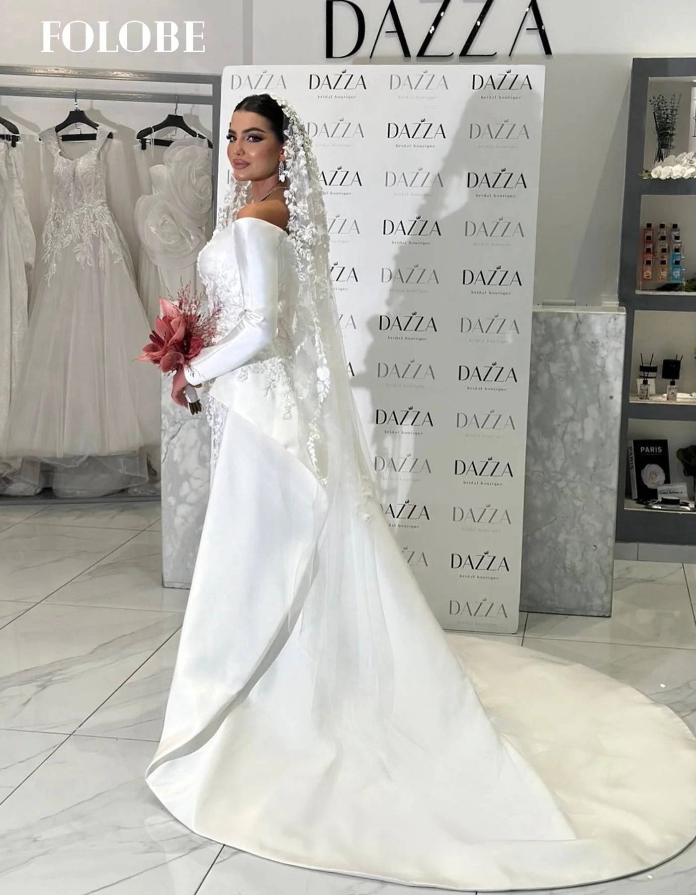 FOLOBE épaules dénudées robe De mariée femme sirène avec des fleurs robes De mariée Appliques sans manches Tulle Vestido De Novia personnalisé