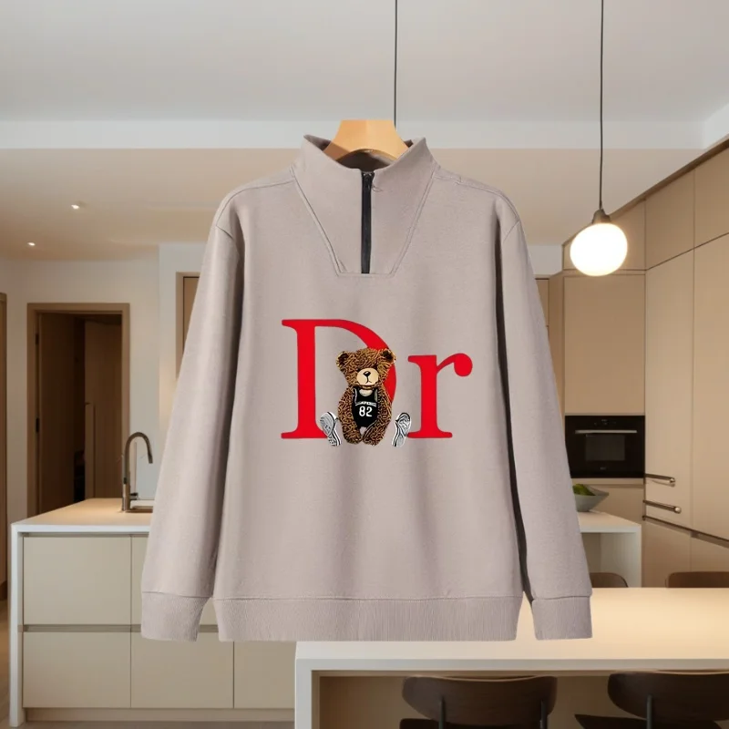 Pure Cotton Stand-Collar Sweatshirt Jacket for Women, New Spring, Autumn, and Winter Style, Suitable for Middle-Aged Parents, Loose-Fitting Black Casual Slimming Top, Youth Fashion T-Shirt