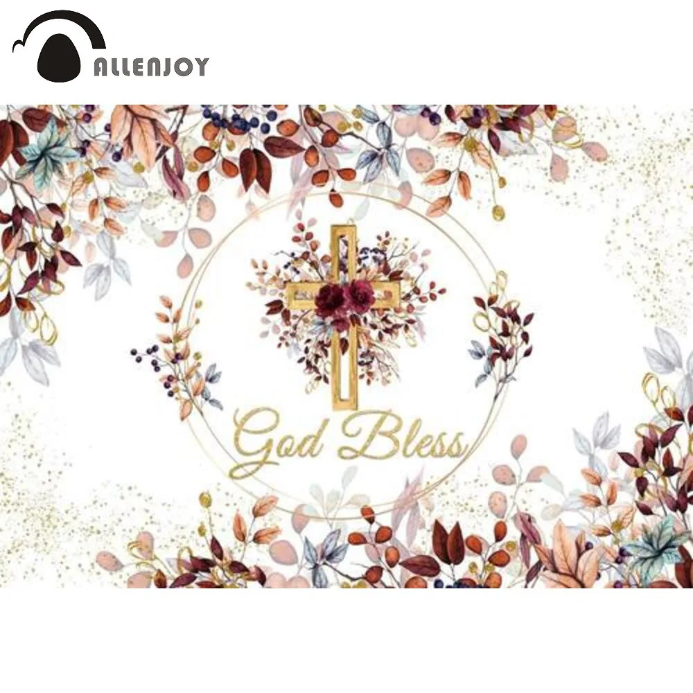 

Allenjoy Autumn God Bless Floral Background Baby Shower Gold Cross Dots Baptism Party Banner Photobooth Decoration Backdrop