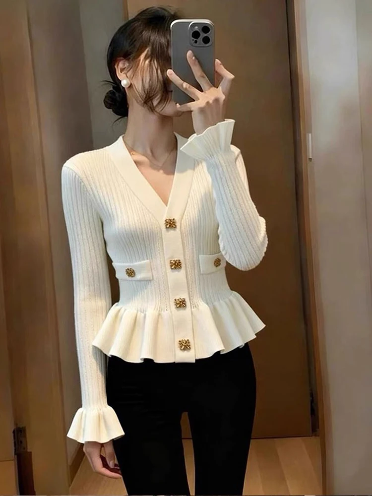 

Women Cardigans 2025 Autumn Luxury Elegant Buttons V-Neck Slim Waist Ruffled Knitted Tops Chic Fashion Lady Sweaters