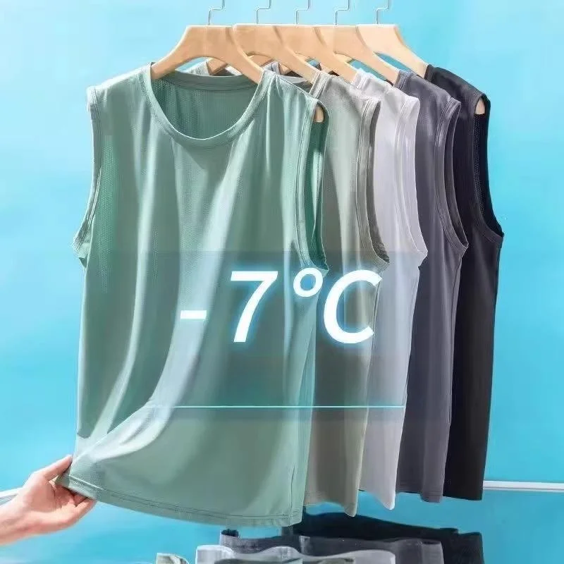 

Men's Summer Thin Ice Silk Vest Qui Dry Slim Fit Svel T-irt Inner Wear Sweat irt oulder Pad round Ne Youth Trend