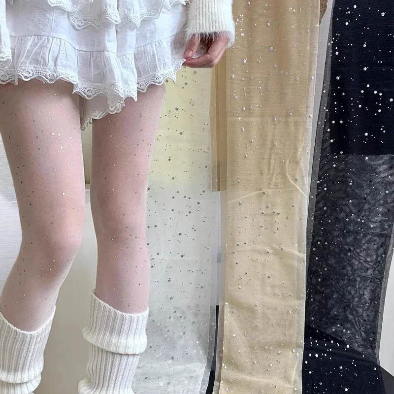 Sexy Shiny Sequins Pantyhose Women Translucent Elastic Tights Long Leg Stocking Korean Y2K Black Skin Female Hosidery Pantyhoses