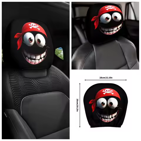 2PCS Pirate Cartoon Car Headrest Covers with Funny Expressions, Retractable Easy Install Universal Fit Must-Have
