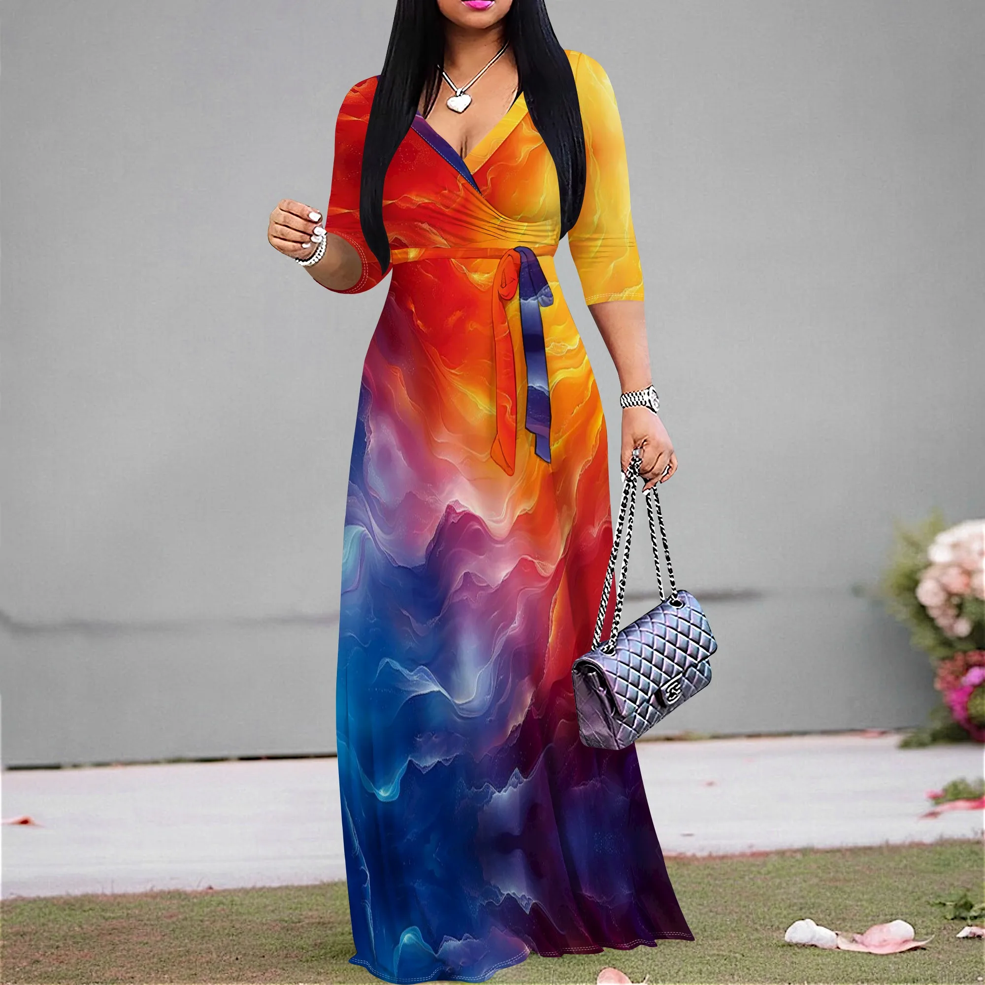 

Gradient Ombre Maxi Dress S-3XL V-Neck Belted for Summer Vacation, Beach Party or Spring Brunch