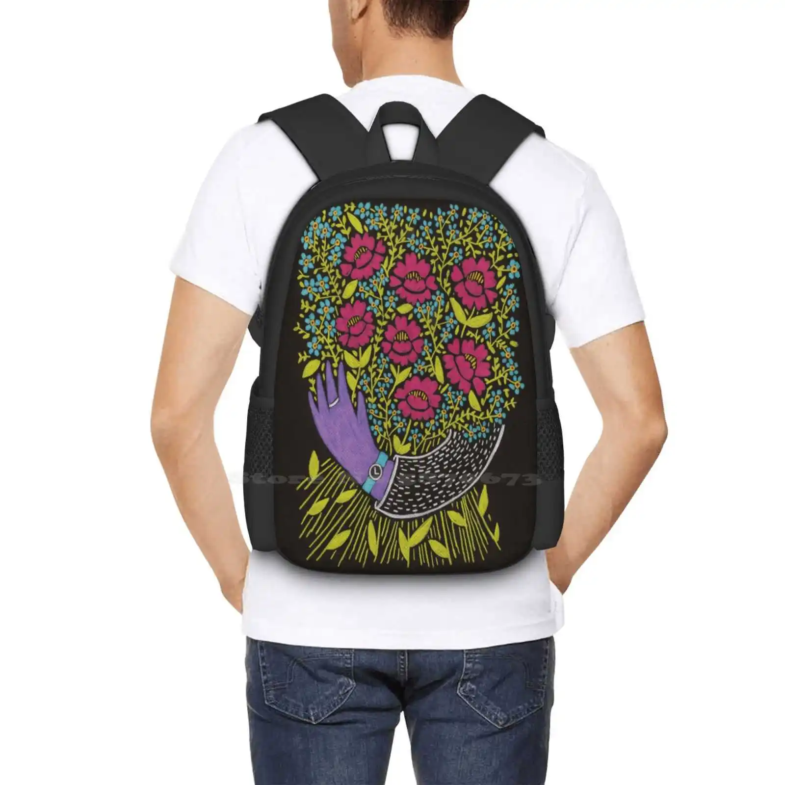 I Picked You These Flowers New Arrivals Unisex Bags Student Bag Backpack Flowers Bouquet Black Dark Colorful Hand Rings Bright