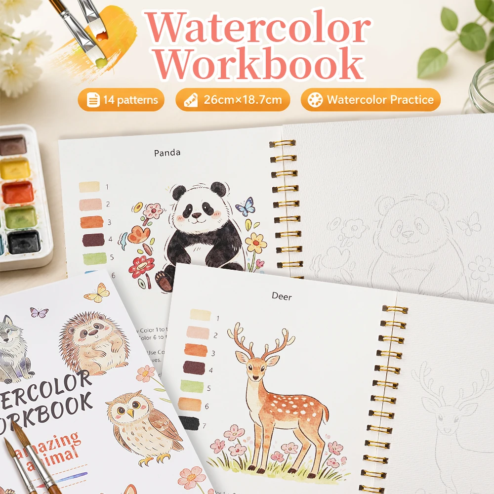 Animal Pattern Watercolor Coloring Workbook 300gsm Thick Cotton Paper Spiral Lay Flat Drawing Book For Art Lovers Holiday Gift
