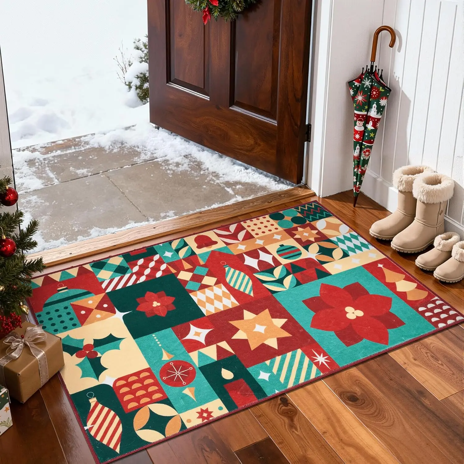 Holiday Patch Christmas Rug Entryway Washable Christmas Kitchen Rug Xmas Geometric Doormat Non-Slip Soft Small Carpet Festive