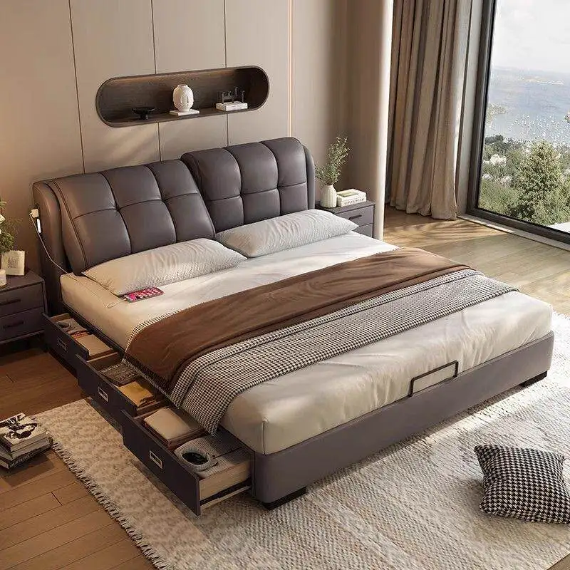 # Muebles de Dormitorio de Alta Gama, Base de Cama Suave con Cabecera Ajustable, Cama King Size de Cuero, Estilo Moderno y Lujoso