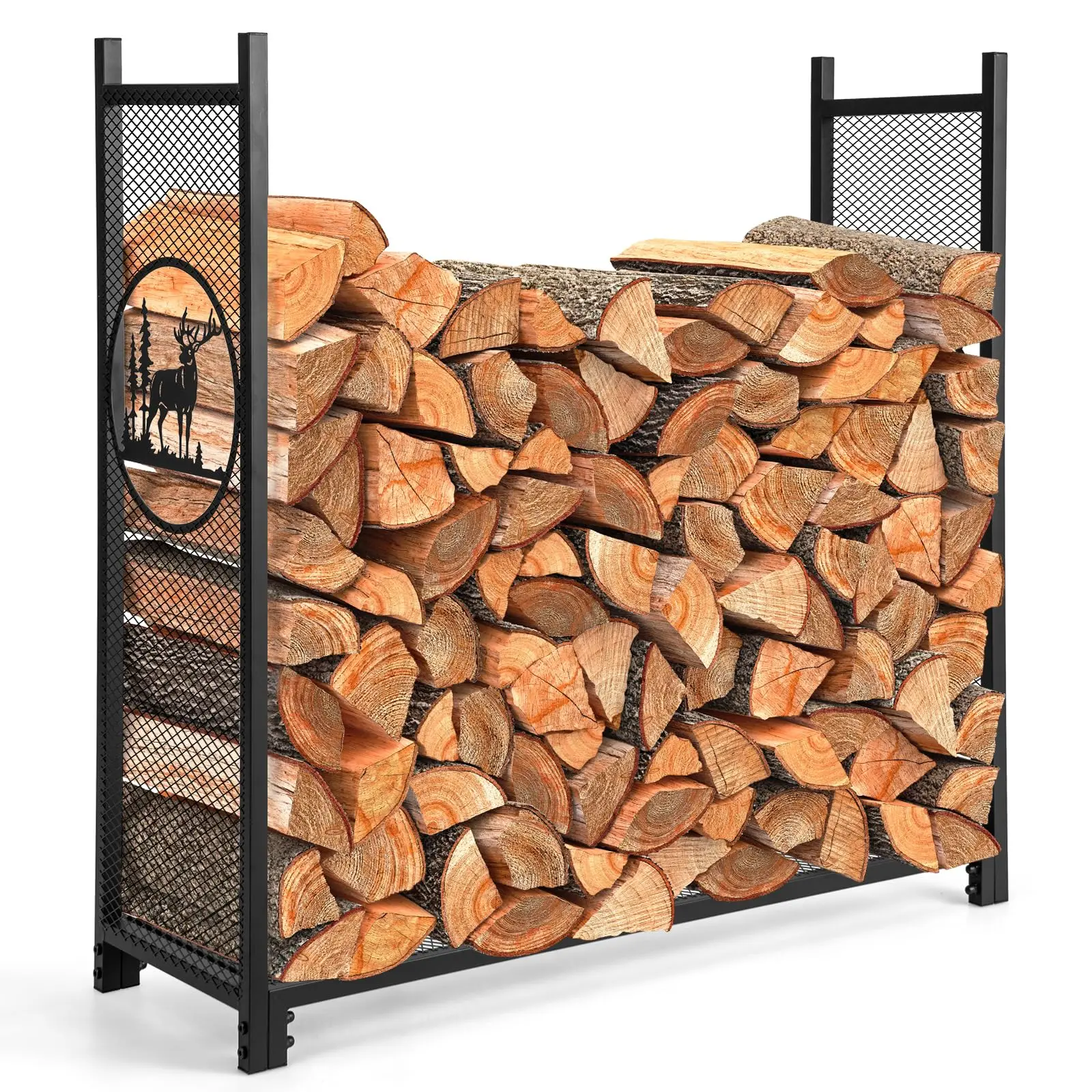 Firewood Rack Outdoor, 4 FT Metal Firewood Holder with Mesh Sides & Base, Decorative Deer Patterns, Indoor Log Storage