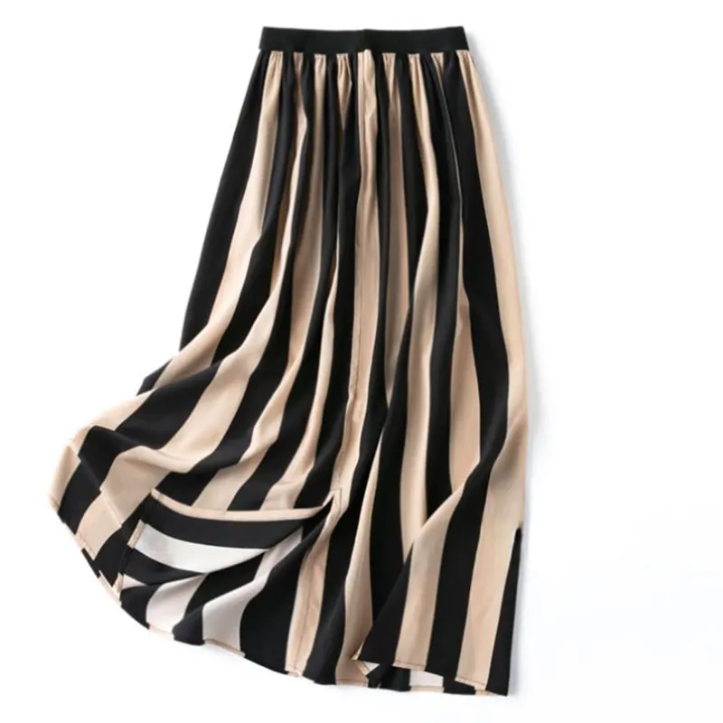 Women Silk Skirt 93% Mulberry Silk 7% Spandex 18 Momme Black Classics Striped Printed Chic Midi Skirts Summer Beach MM908