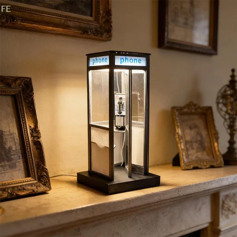 [F] Retro Vintage Tall Phonebooth Lamp, Classic Telephone Booth Table Lamp With Warm LED Light, Phone Box Decorative Night Light