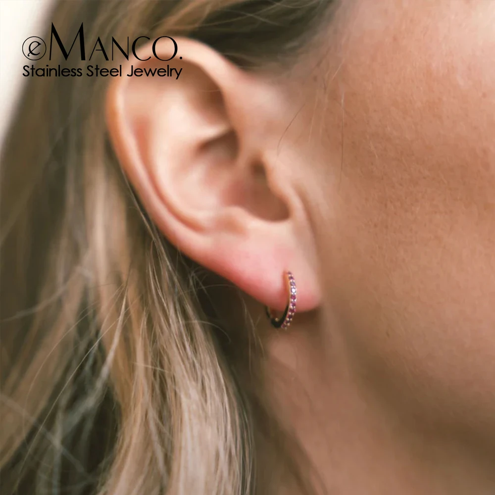 EManco-pendientes de acero inoxidable con piedra natal para mujer, aretes de aro Huggie minimalistas, círculo redondo pequeño, Unisex