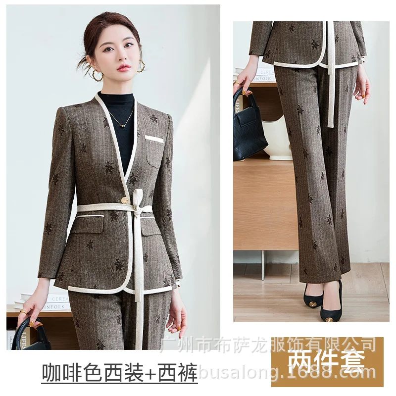 الخريف الشتاء السترة أنيقة رسمية الراقية المطبوعة دعوى المرأة رمادي قطعتين عمال النساء السراويل مجموعة