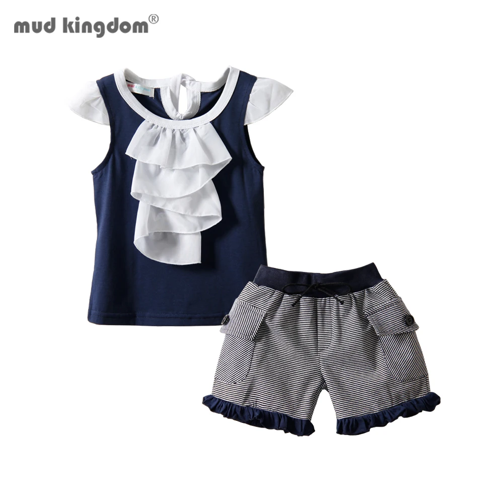 

Одежда для девочек Mudkingdom, модная летняя полосатая рубашка без рукавов с рюшами и шорты, костюм для комплекта детской одежды